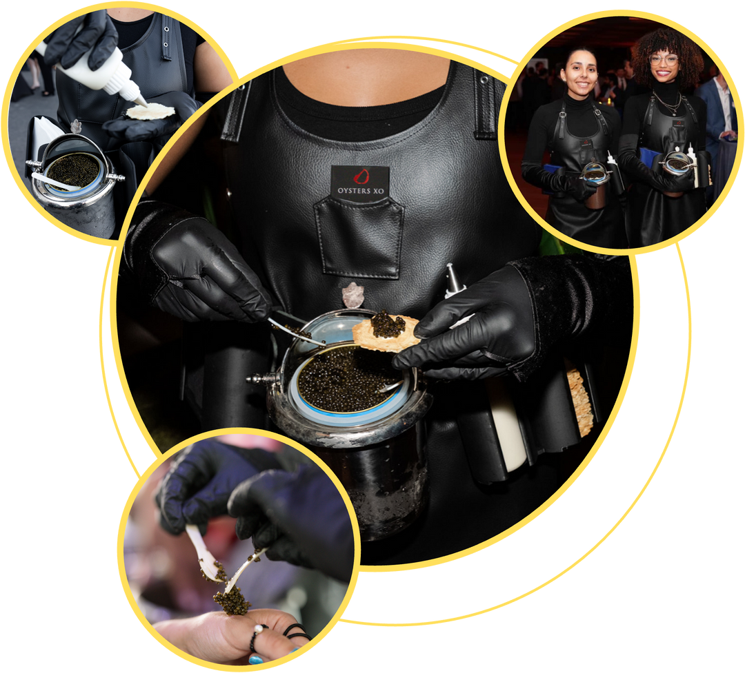 Collage tiré du site Oysters XO : des « Caviar Girls » vêtues de tabliers en cuir noir servant du caviar à partir de boîtes réfrigérées à l'aide de cuillères en nacre